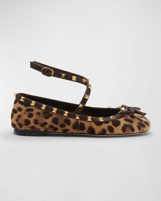 Rockstud Leopard Ankle-Strap Ballerina Flats